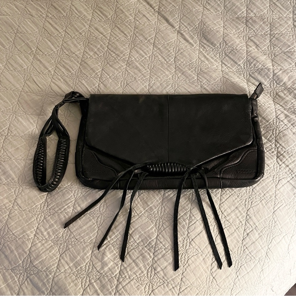 LUCKY BRAND Black Leather clutch w/ Fringe Tassels and Braided strap